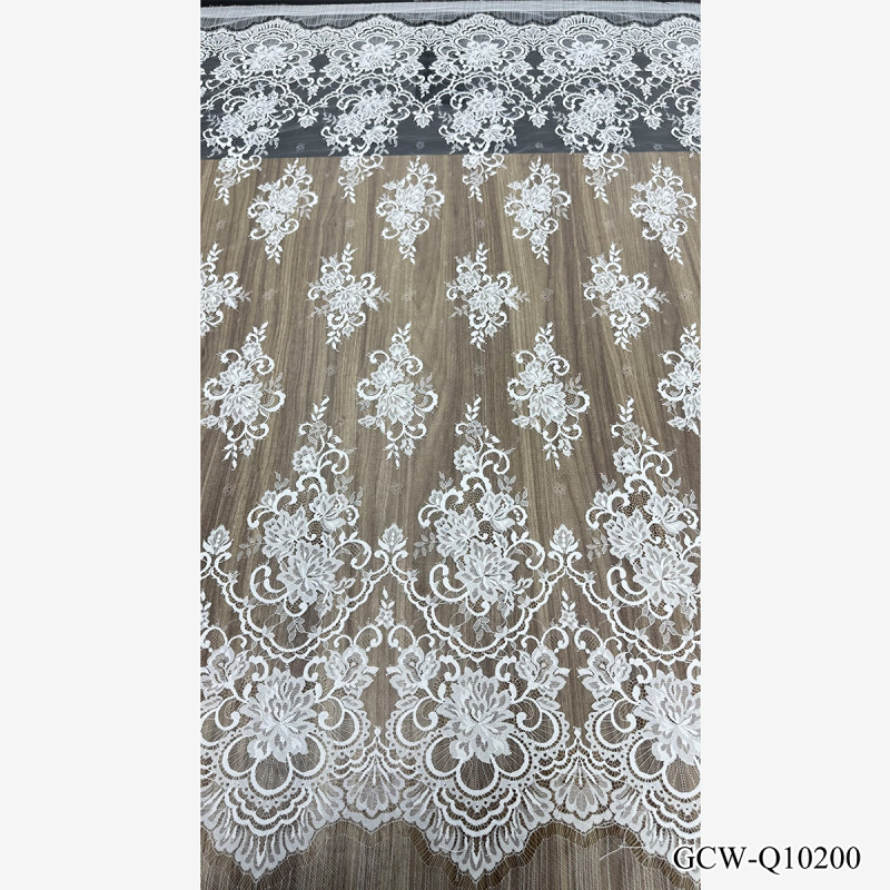 GCW-Q10200 White Baroque Floral Lace Fabric with Double Scalloped Eyelash Borders